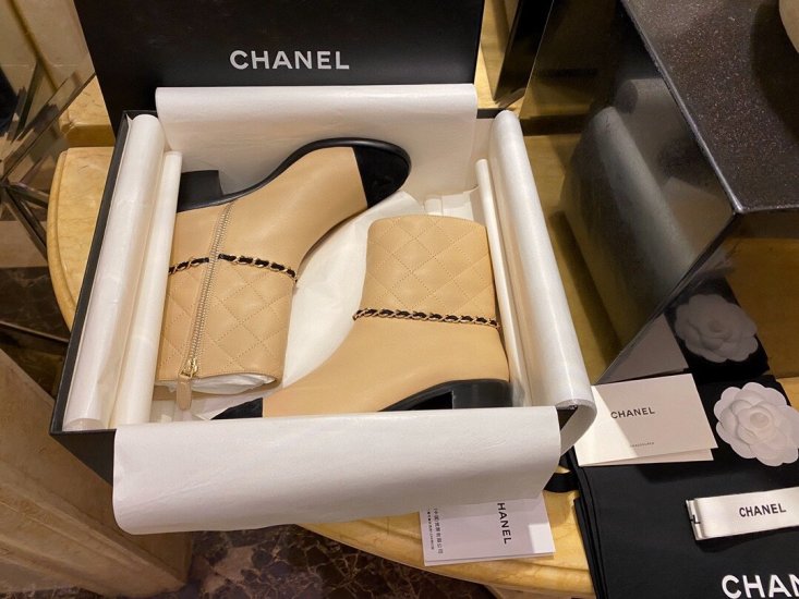 Chanel 杏色羊皮粗跟中筒靴 35-41 - Click Image to Close