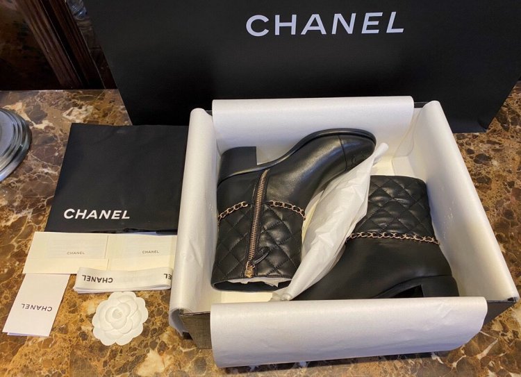 Chanel 黑色羊皮链条粗跟中靴 35-41 - Click Image to Close