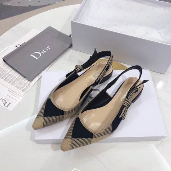 代购品质 Dior/迪奥 2020 J'ADior 黑色奶油白条格棉质刺绣跟鞋 内里：纯绵羊皮 鞋跟：真皮包跟 鞋底：意大利A级牛皮底 跟高：平底 Size：34-41 - Click Image to Close