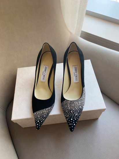 Jimmy Choo 跟高6.5cm 尖头、浅口、高温烫钻鞋面 鞋面：进口羊鲸 内里：进口全粒面水晶羊皮 大底：真皮大底 跟高： 平底1.0cm 中跟6.5cm 高跟8.5cm SIZE ：35-39 - Click Image to Close