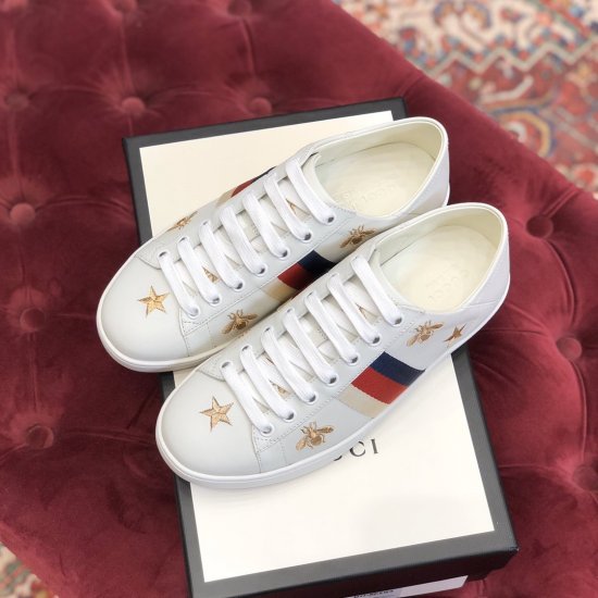 Gucci GG Ace Sneakers 经典小白鞋系列 女款可踩脚刺绣星星蜜蜂，原版空胶工艺，100%对原版古铜色金线，原版开模橡胶大底，原版珍珠牛皮内里，光泽度高，软硬度适中，不易褶皱。正品一致荧光防伪线。女款34-39（专柜一致偏大一码） - Click Image to Close