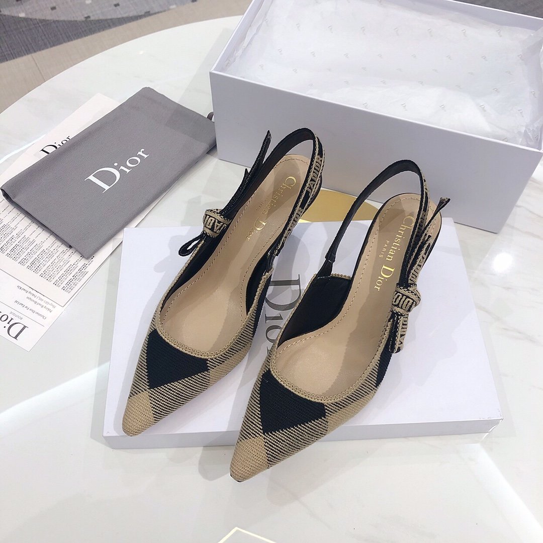 代购品质 Dior/迪奥 2020 J'ADior 黑色奶油白条格棉质刺绣跟鞋 内里：纯绵羊皮 鞋跟：真皮包跟 鞋底：意大利A级牛皮底 跟高：6.5cm Size：34-41